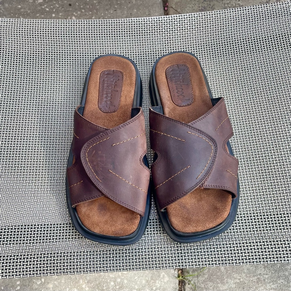 *EUC* Hitchcock Leather Slides/Sandal -Brown -Mens Slides Size 10EEE -Adj Strap